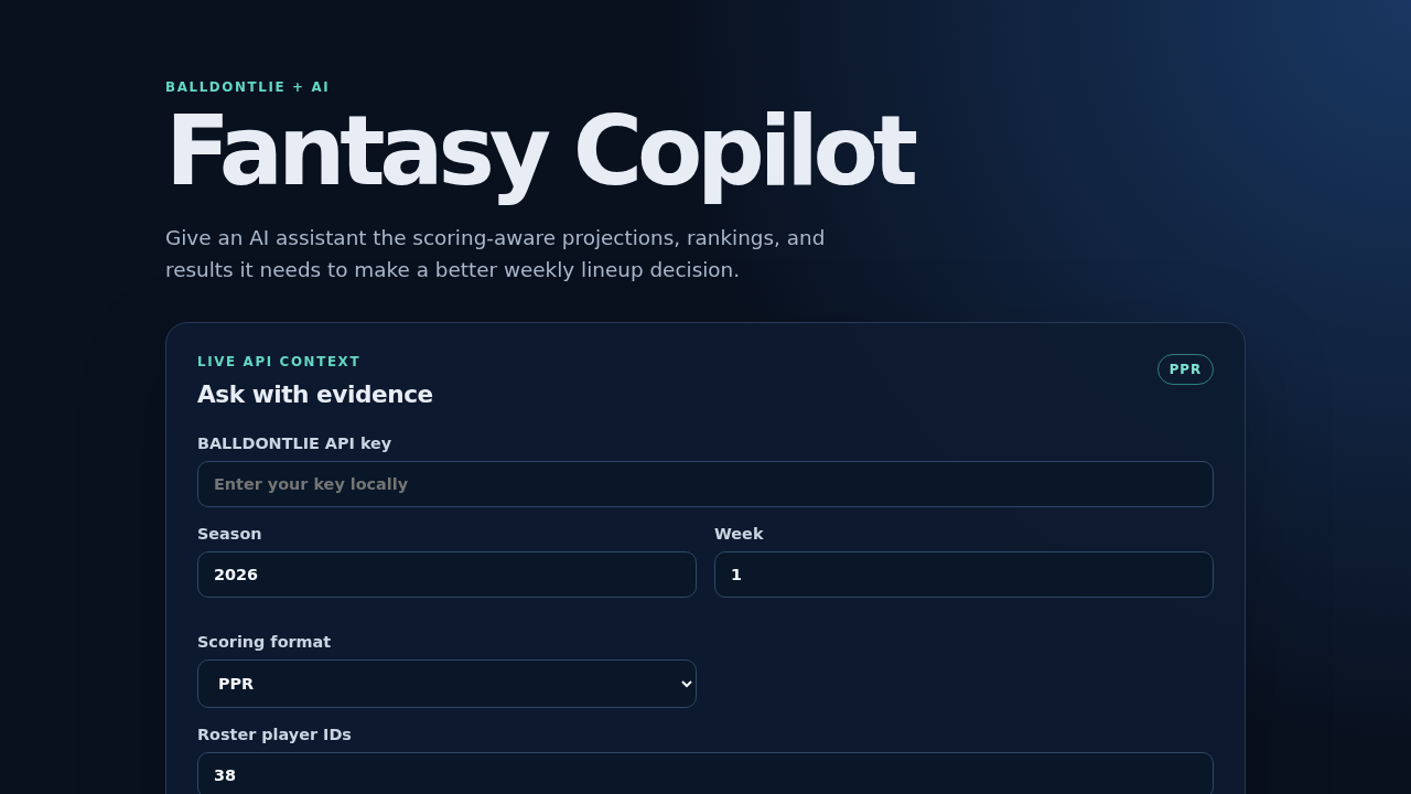 Fantasy Copilot interface for loading scoring-aware weekly NFL context